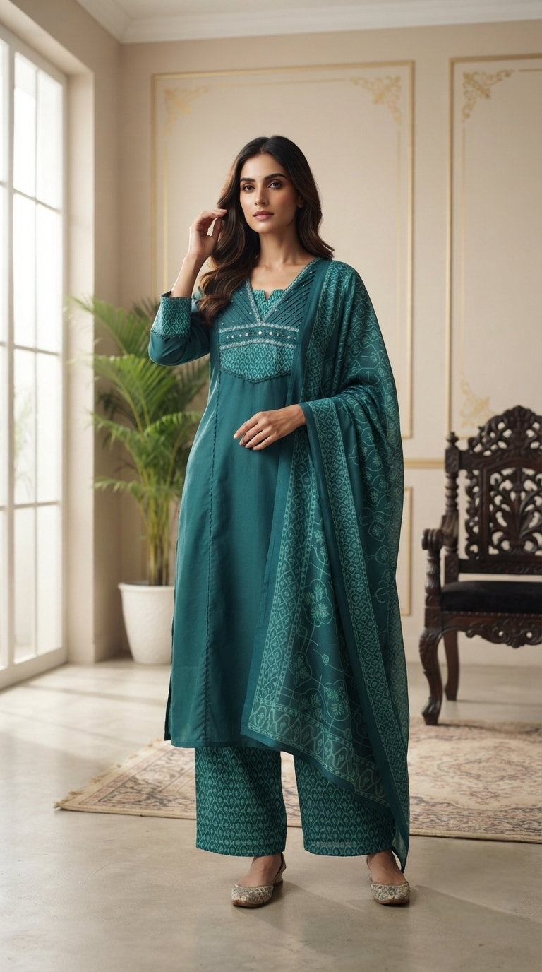 Women Green Mirror Cotton Kurta Pant Dupatta