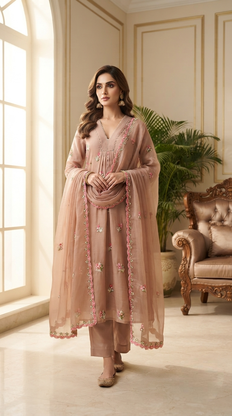 Women Pitch Embroidered Mul Chanderi Kurta Pant Dupatta