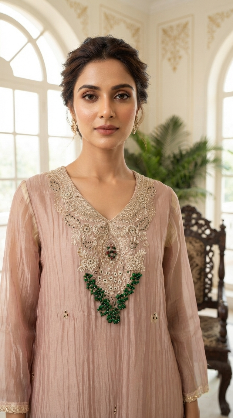 Women Gold Embroidered Tissue Kurta Pant Dupatta
