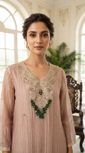 Women Gold Embroidered Tissue Kurta Pant Dupatta