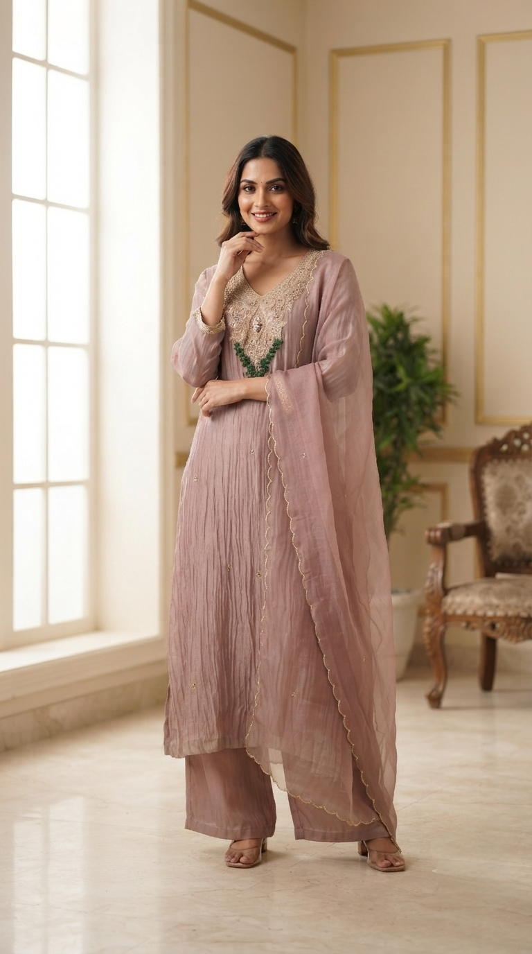 Women Gold Embroidered Tissue Kurta Pant Dupatta