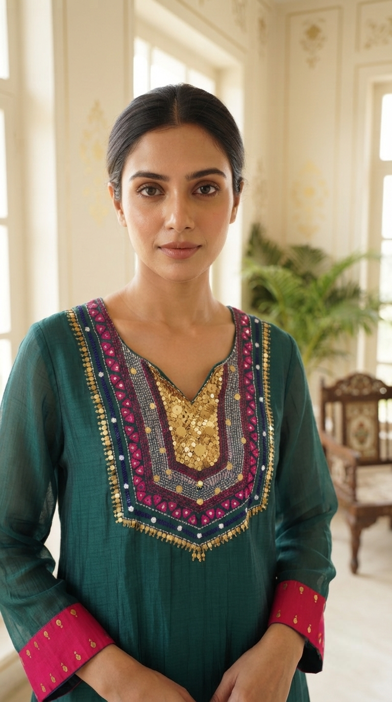 Women Green Embroidered Mul Chanderi Kurta Pant Dupatta