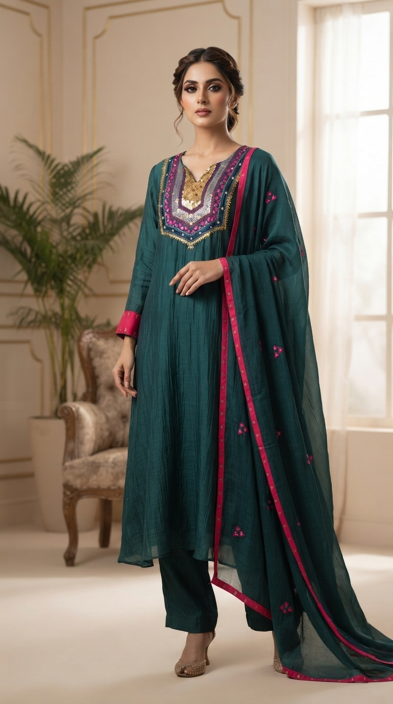 Women Green Embroidered Mul Chanderi Kurta Pant Dupatta