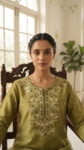 Women Green Embroidered Cotton Kurta Pant Dupatta