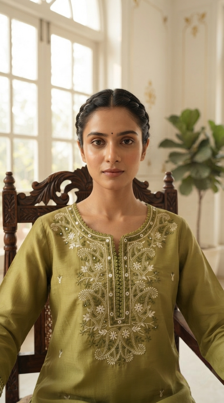Women Green Embroidered Cotton Kurta Pant Dupatta