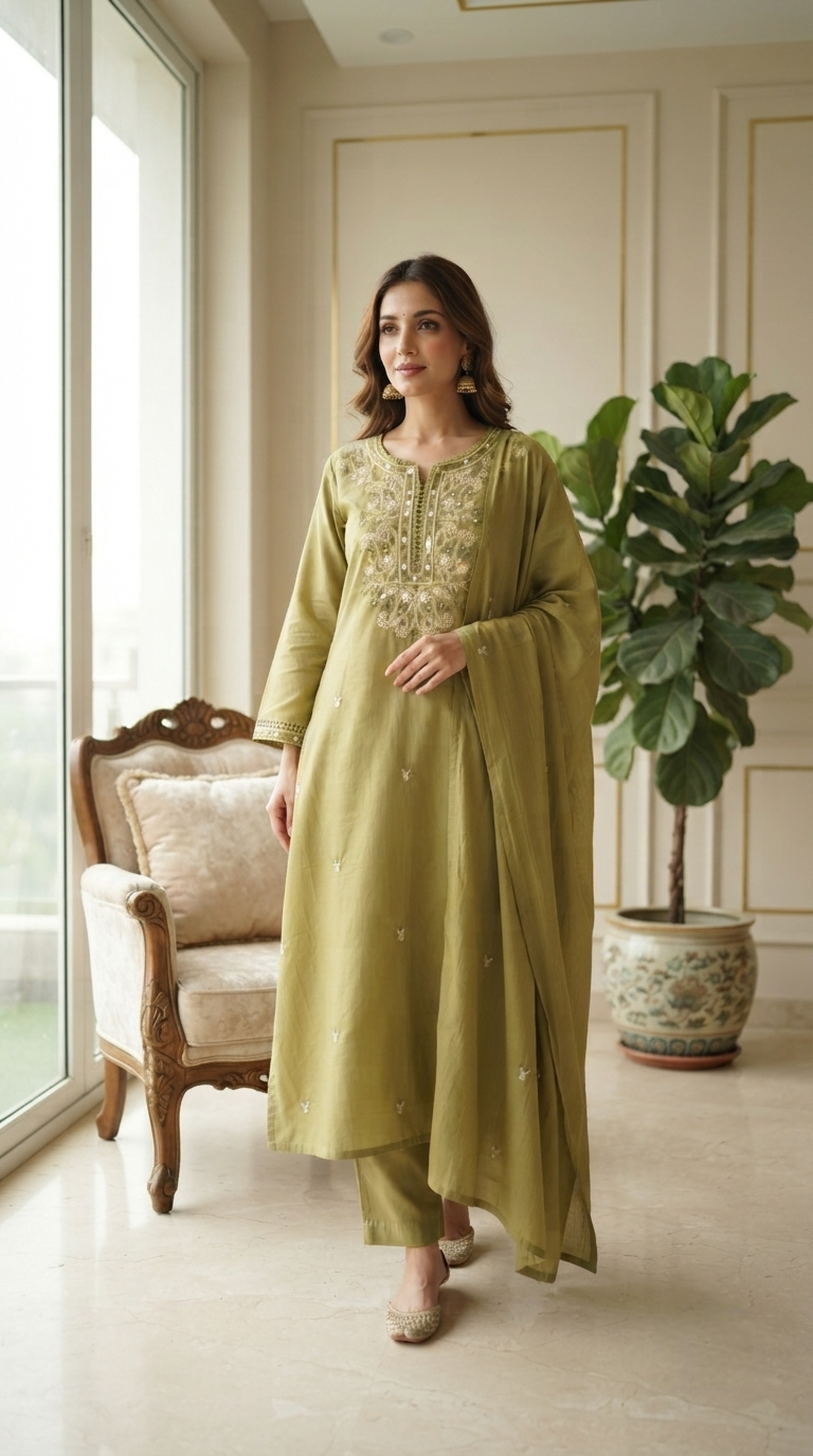 Women Green Embroidered Cotton Kurta Pant Dupatta