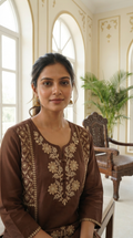 Women Brown Embroidered Cotton Kurta Pant Dupatta
