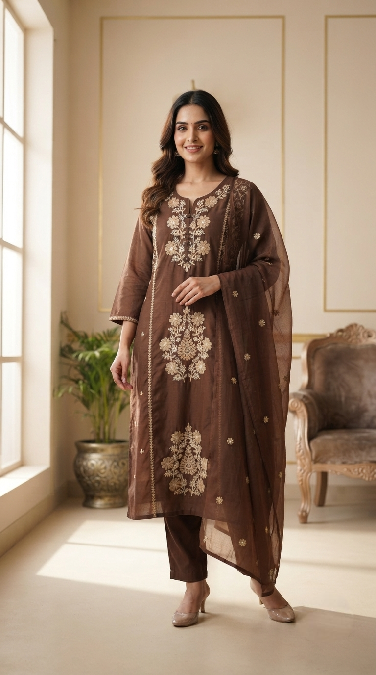 Women Brown Embroidered Cotton Kurta Pant Dupatta
