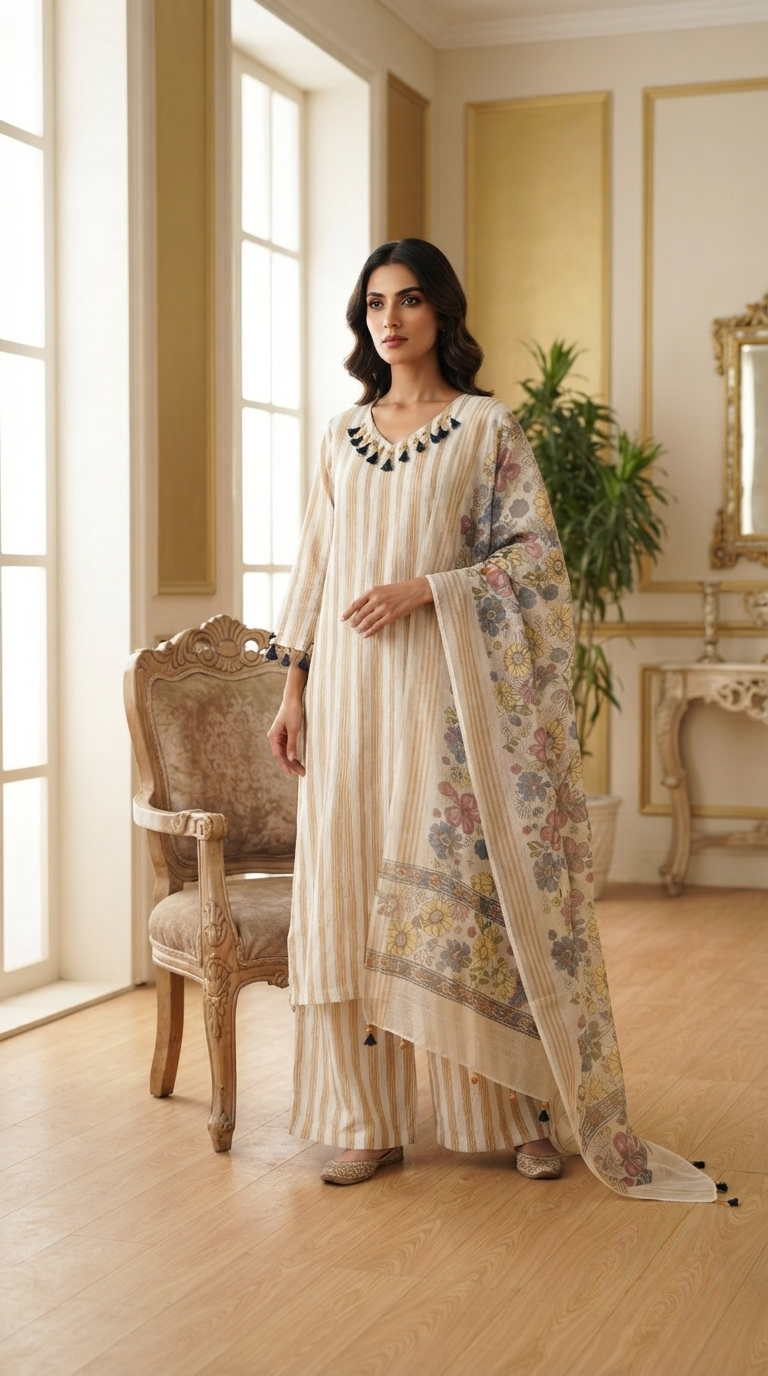 Women Beige Printed Cotton Kurta Pant Dupatta