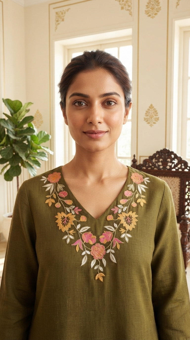 Women Mehandi Embroidered Cotton Kurta Pant Dupatta