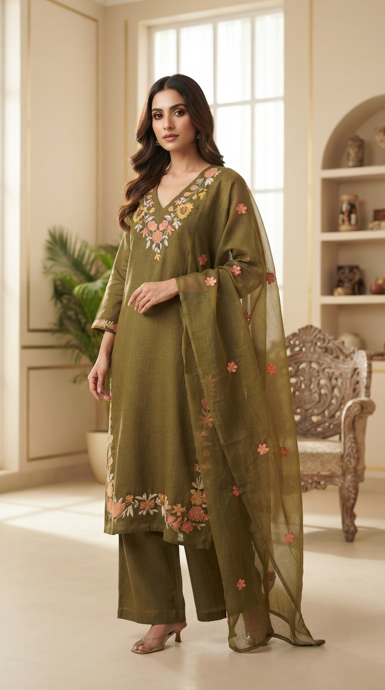 Women Mehandi Embroidered Cotton Kurta Pant Dupatta