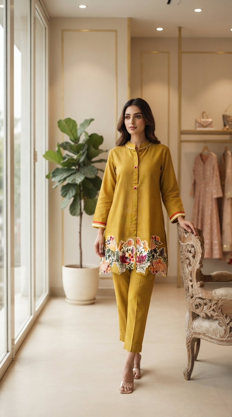 Women Yellow Embroidered Cotton Cordset