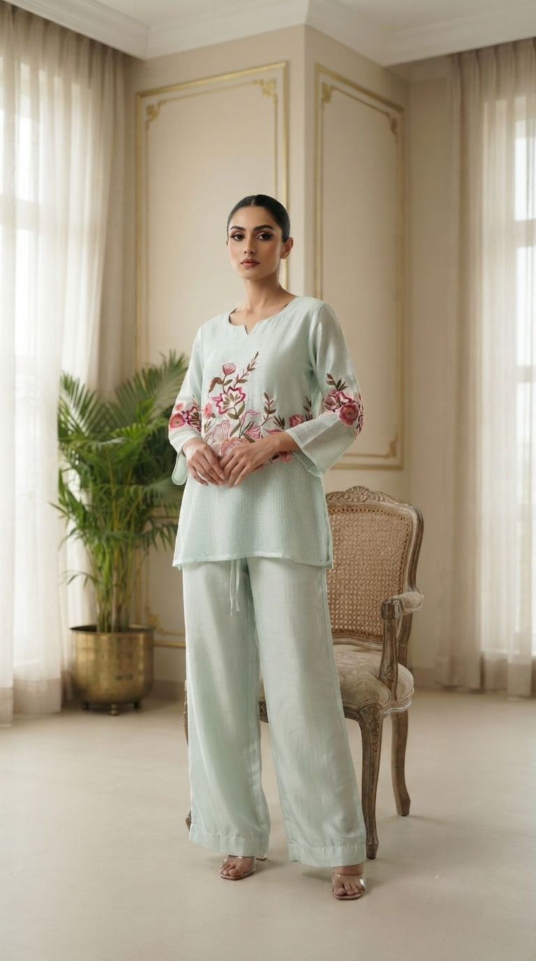 Women Sky Blue Embroidered Cotton Cordset
