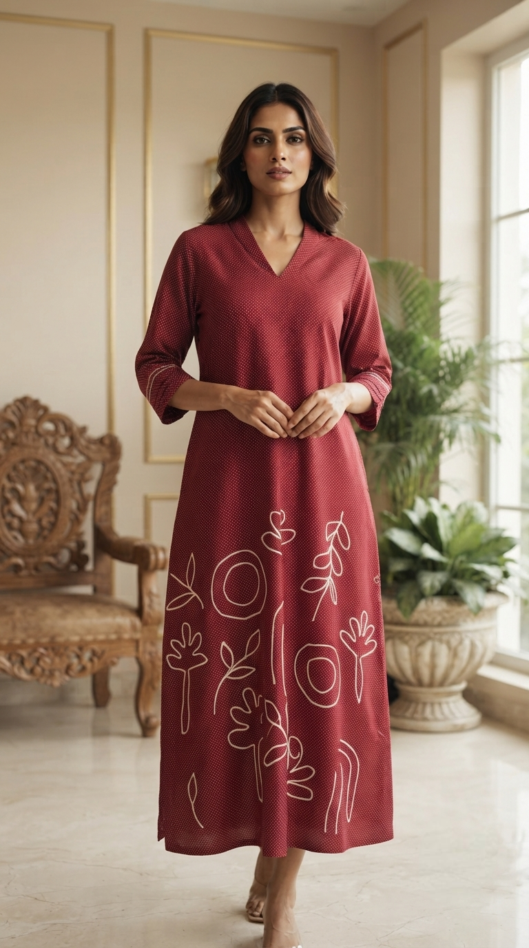 Women Maroon Printed CottonDress