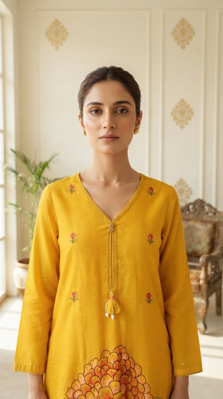 Women Yellow Embroidered Cotton Kurta Pant Dupatta