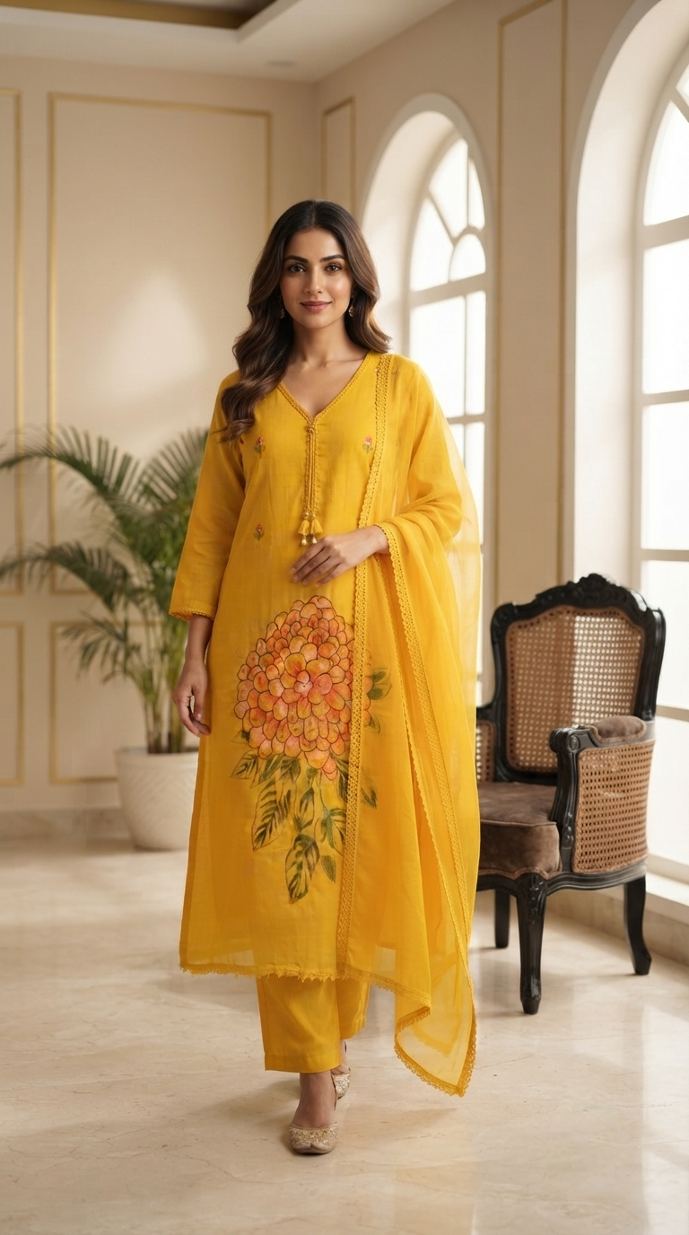 Women Yellow Embroidered Cotton Kurta Pant Dupatta