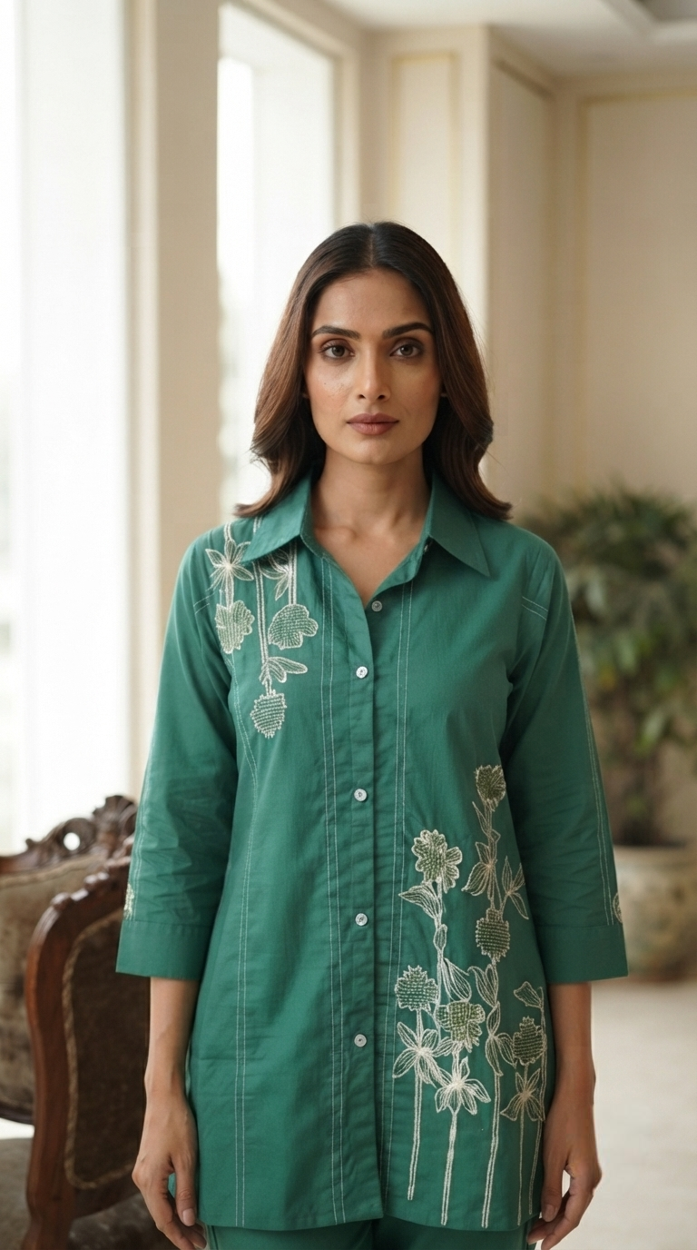 Women Green Embroidered Cotton Kurta Pant