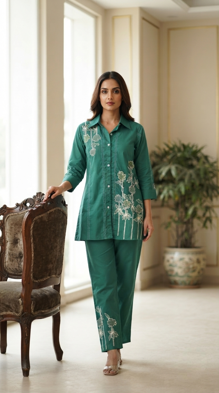 Women Green Embroidered Cotton Kurta Pant