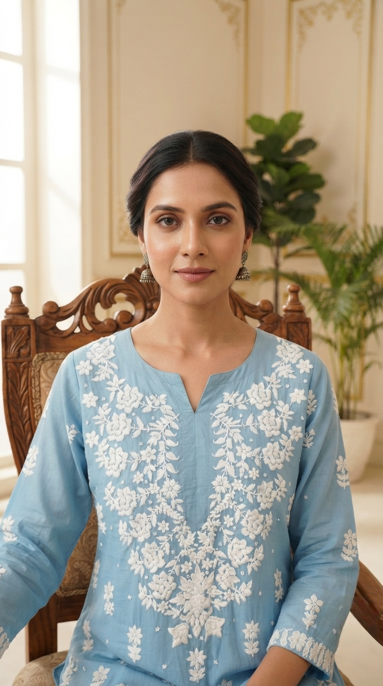 Women Blue Chikankari Mul Chanderi Kurta Pant Dupatta