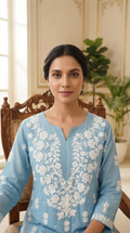 Women Blue Chikankari Mul Chanderi Kurta Pant Dupatta