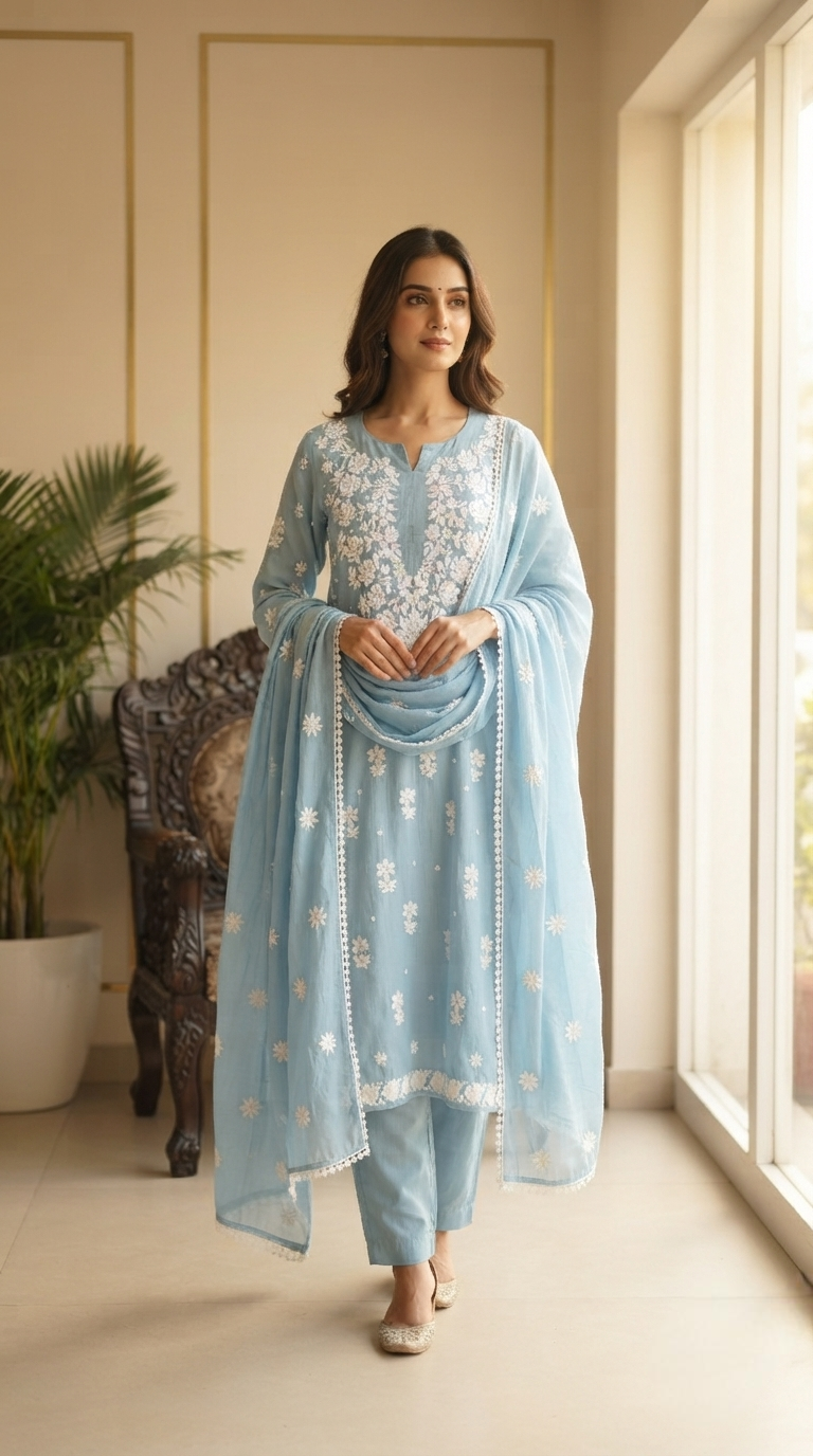 Women Blue Chikankari Mul Chanderi Kurta Pant Dupatta