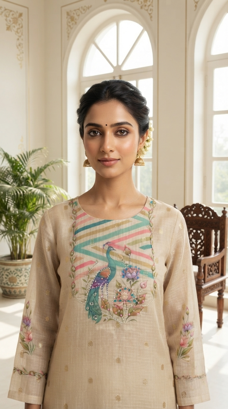 Women Beige Embroidered Tissue Kurta Pant Dupatta