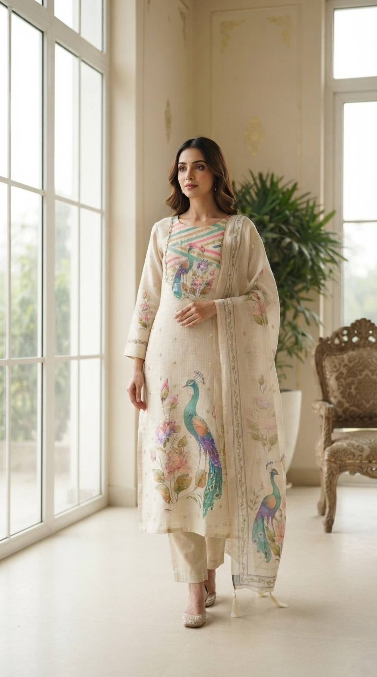 Women Beige Embroidered Tissue Kurta Pant Dupatta