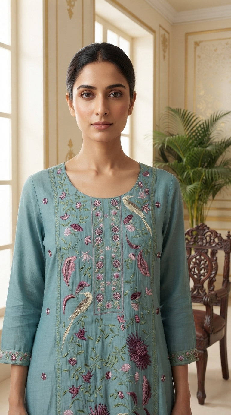 Women Blue Embroidered Mul Chanderi Kurta Pant Dupatta