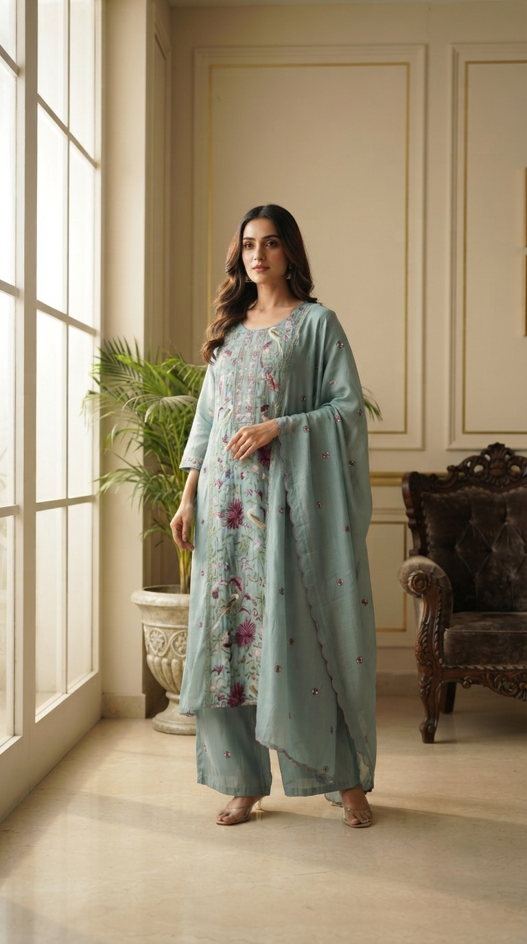 Women Blue Embroidered Mul Chanderi Kurta Pant Dupatta