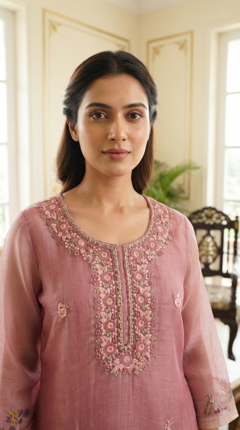 Women Onion Embroidered Tissue Kurta Pant Dupatta