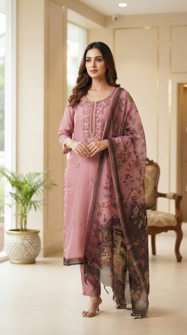 Women Onion Embroidered Tissue Kurta Pant Dupatta