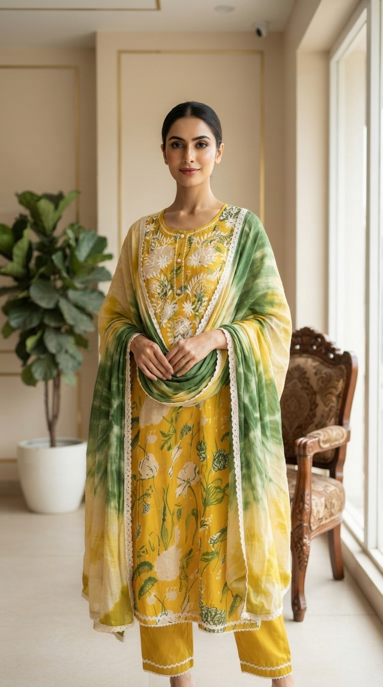 Women Yellow Chikankari Cotton Kurta Pant Dupatta