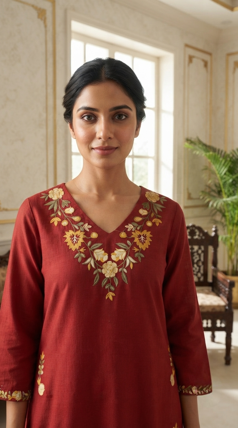 Women Brown Embroidered Cotton Kurta Pant Dupatta