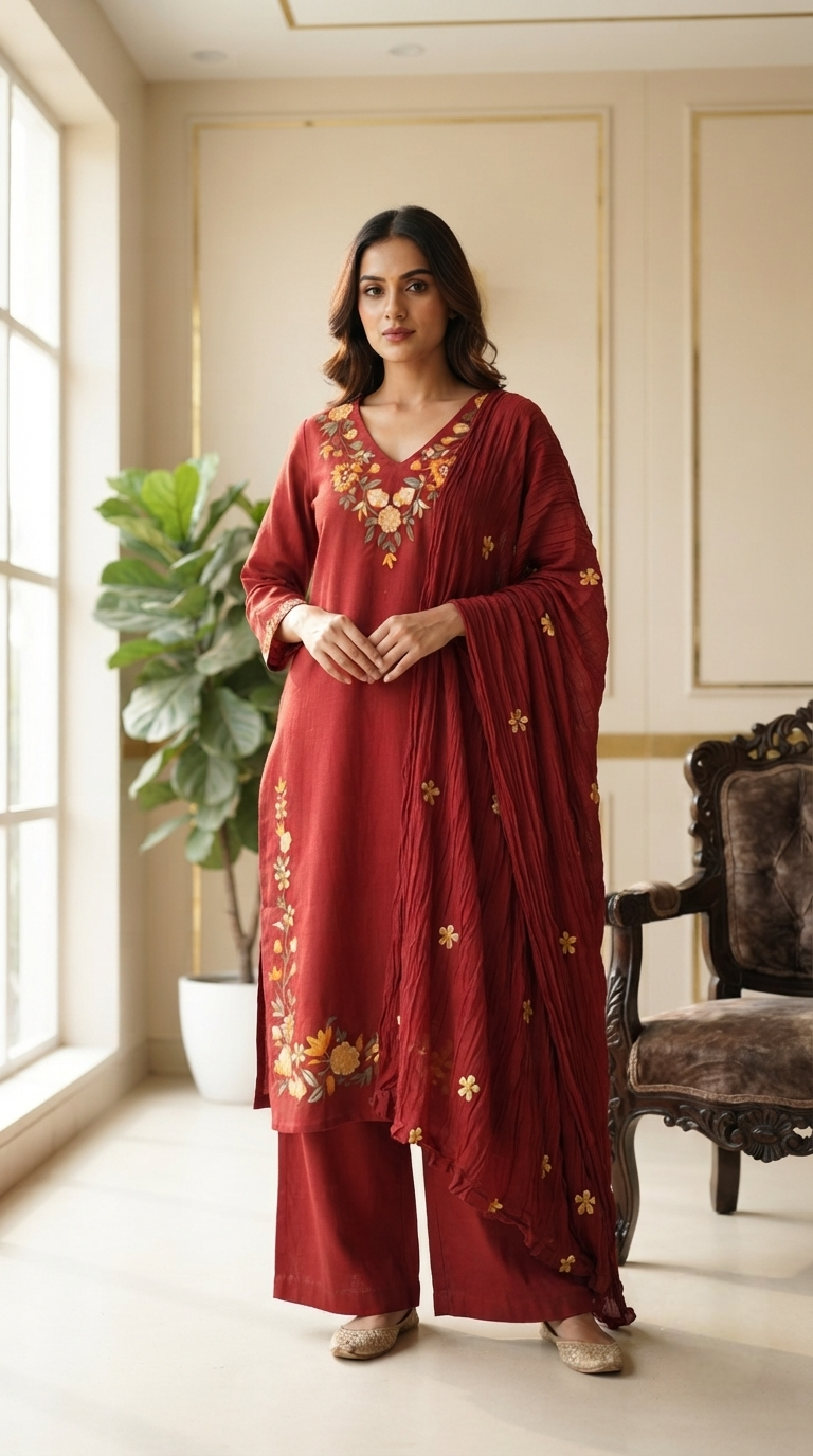 Women Brown Embroidered Cotton Kurta Pant Dupatta