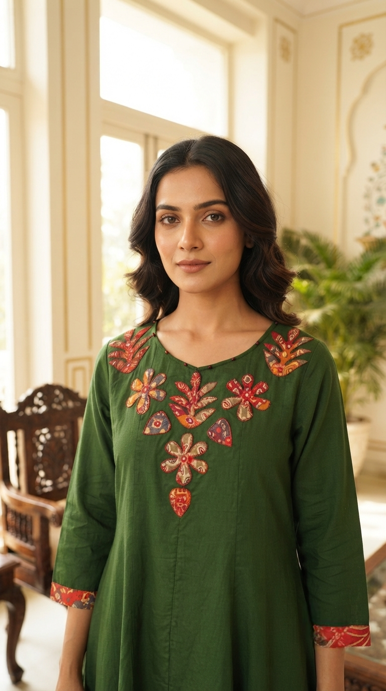 Women Green Cotton Kurta Pant Dupatta