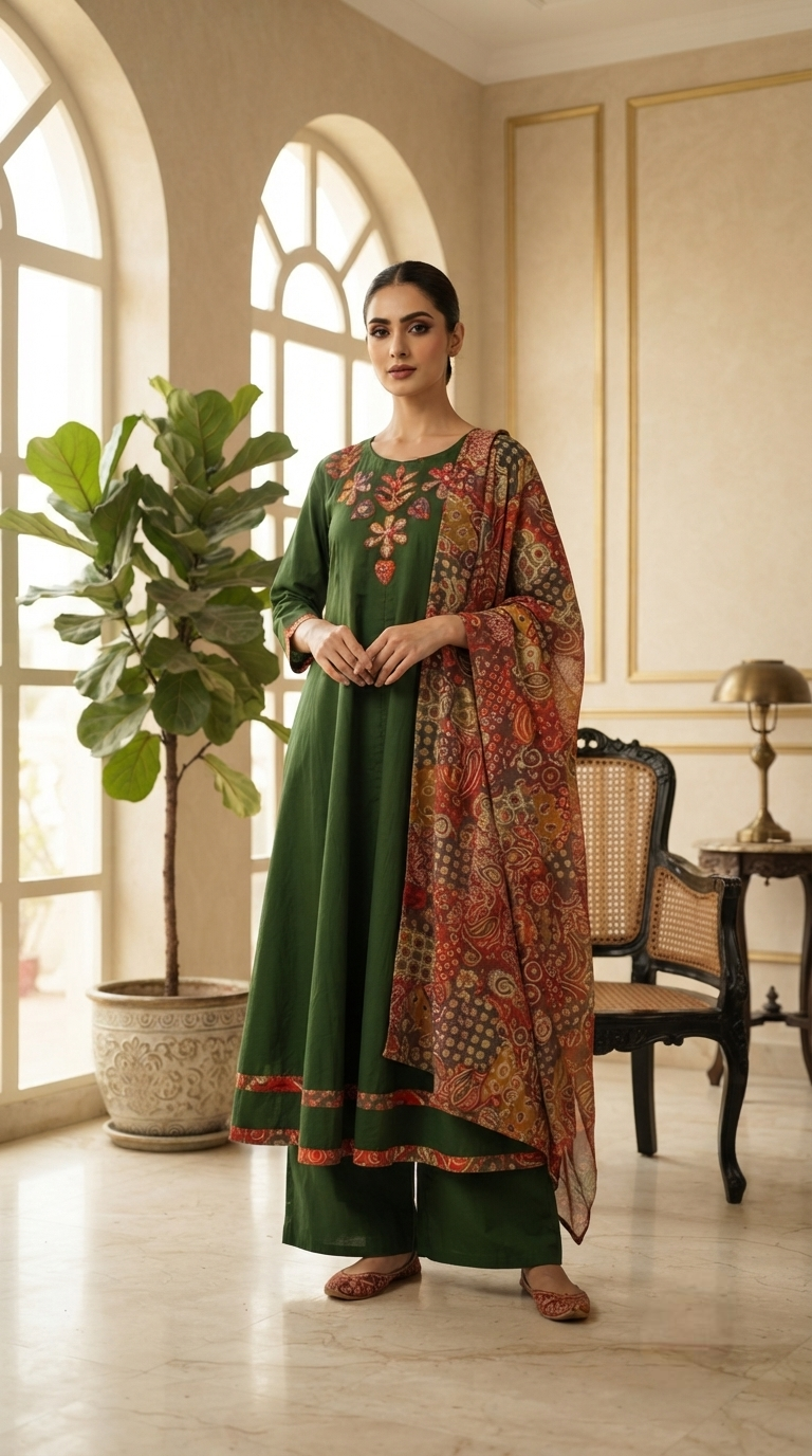 Women Green Cotton Kurta Pant Dupatta