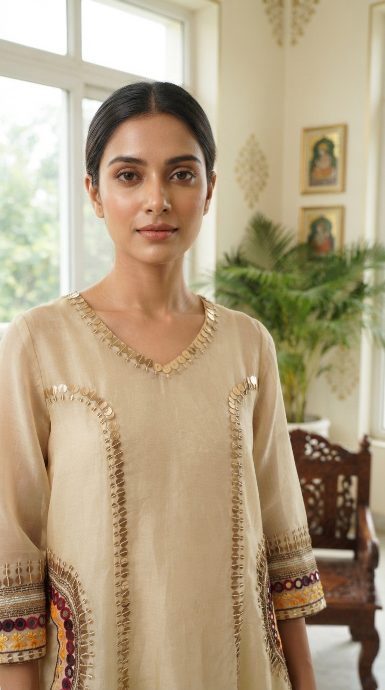 Women Gold Embroidered Tissue Kurta Pant Dupatta