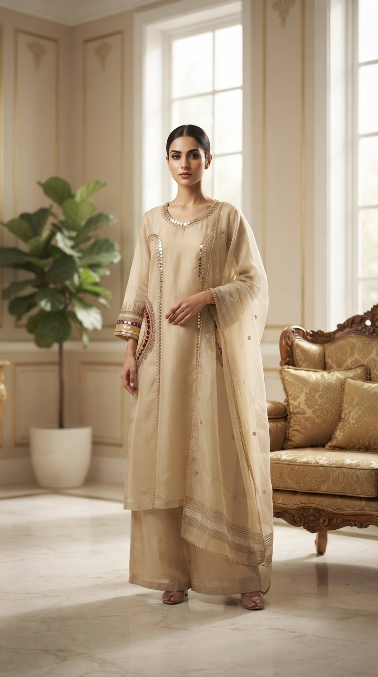 Women Gold Embroidered Tissue Kurta Pant Dupatta