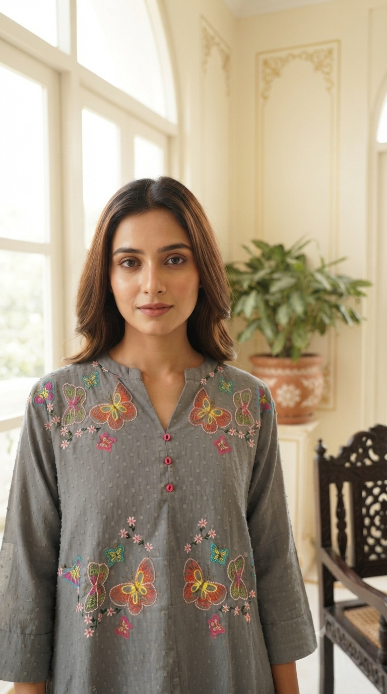 Women Grey Embroidered Cotton Kurta Pant