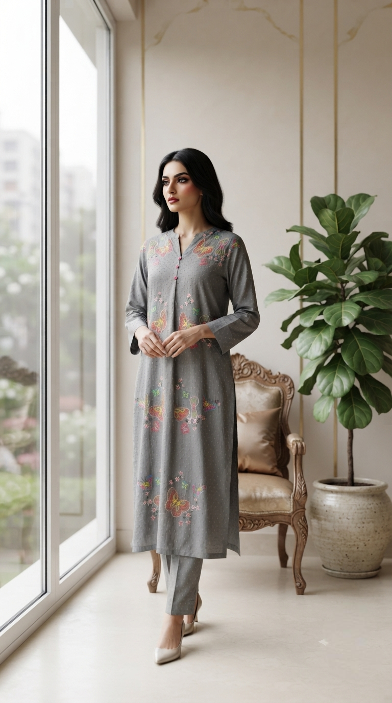 Women Grey Embroidered Cotton Kurta Pant