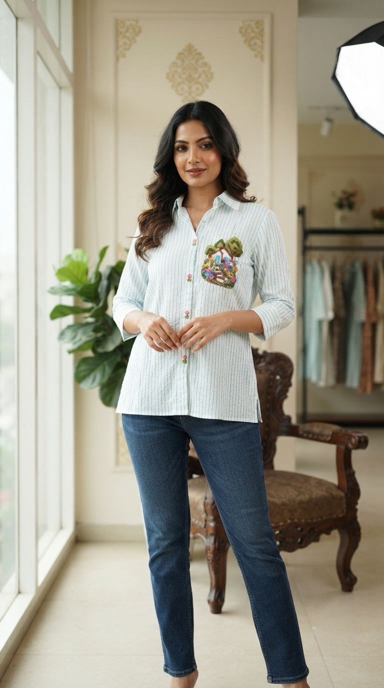 Women White Embroidered Cotton Shirt