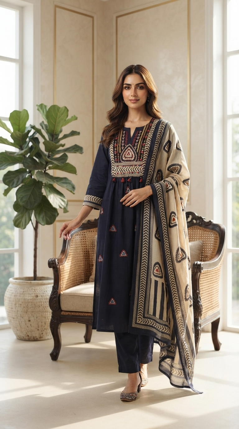 Women Black Embroidered Cotton Kurta Pant Dupatta