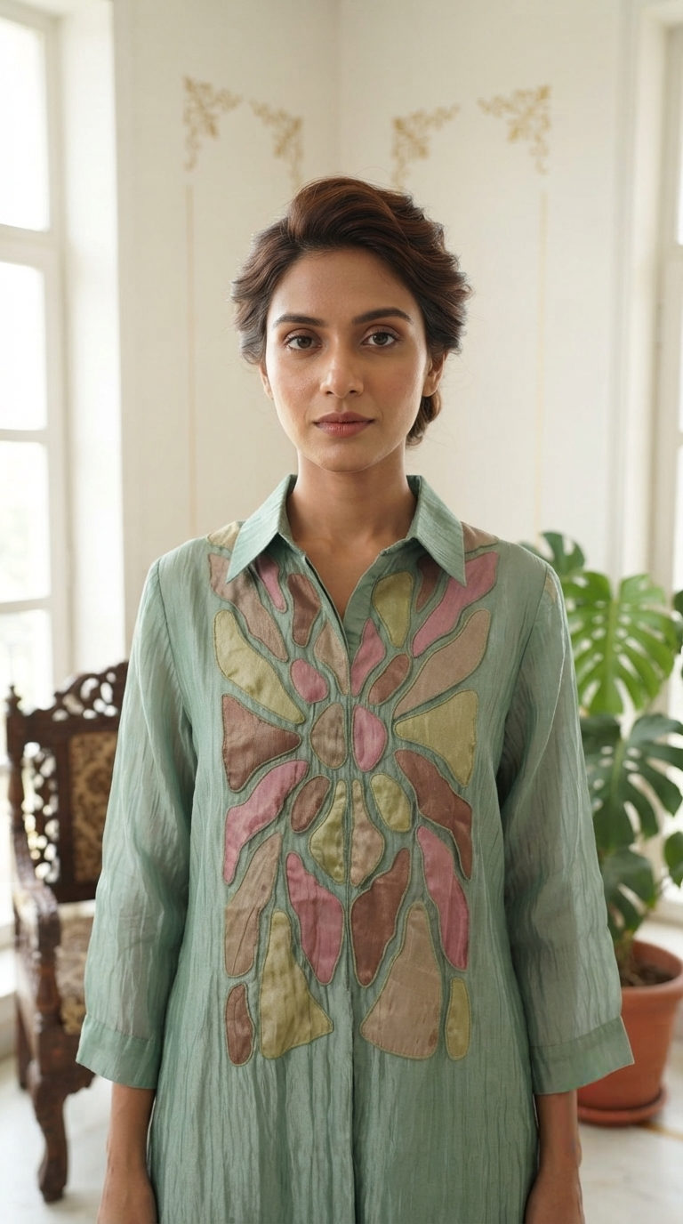 Women Green Embroidered Tissue Top Bottom