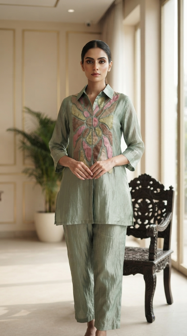 Women Green Embroidered Tissue Top Bottom