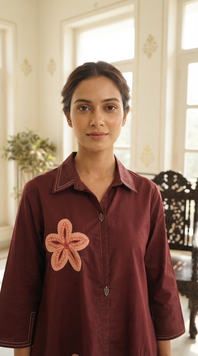 Women Maroon Embroidered Cotton Dress