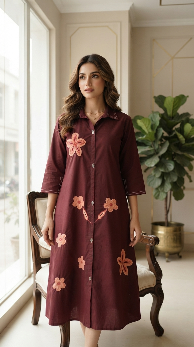 Women Maroon Embroidered Cotton Dress