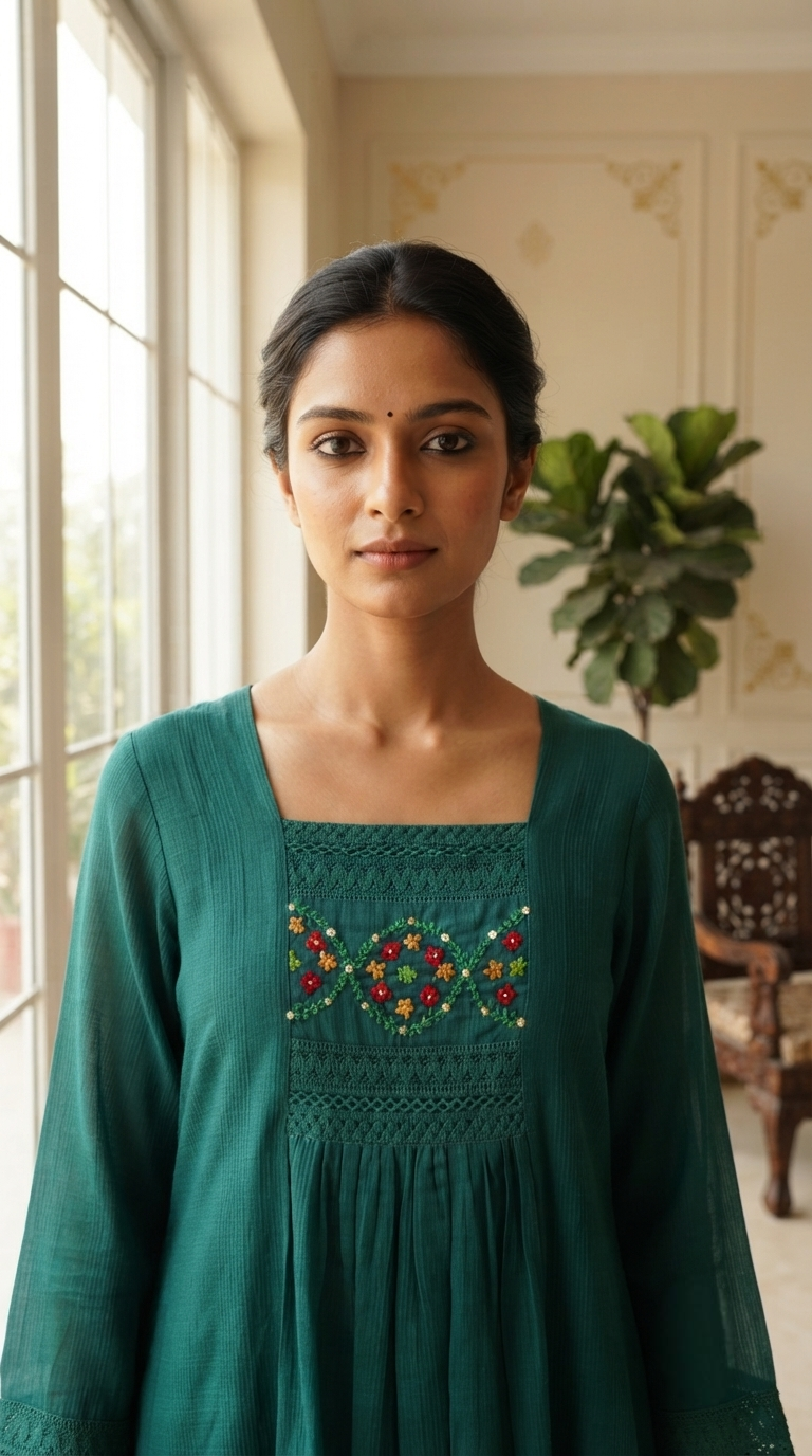 Women Green Embroidered Mul Chanderi Kurta Pant Dupatta