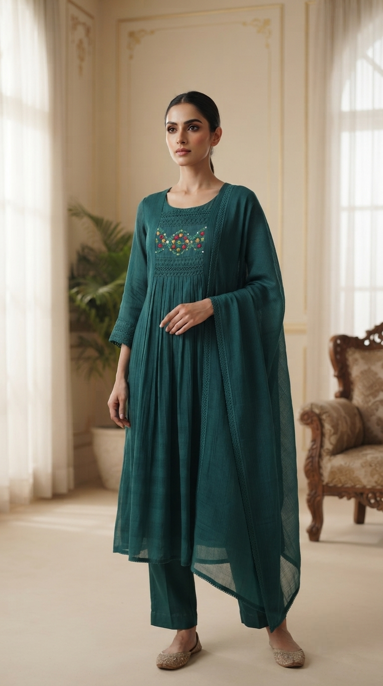 Women Green Embroidered Mul Chanderi Kurta Pant Dupatta