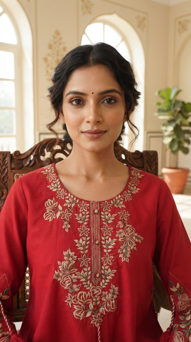 Women Red Chikankari Cotton Kurta Pant Dupatta