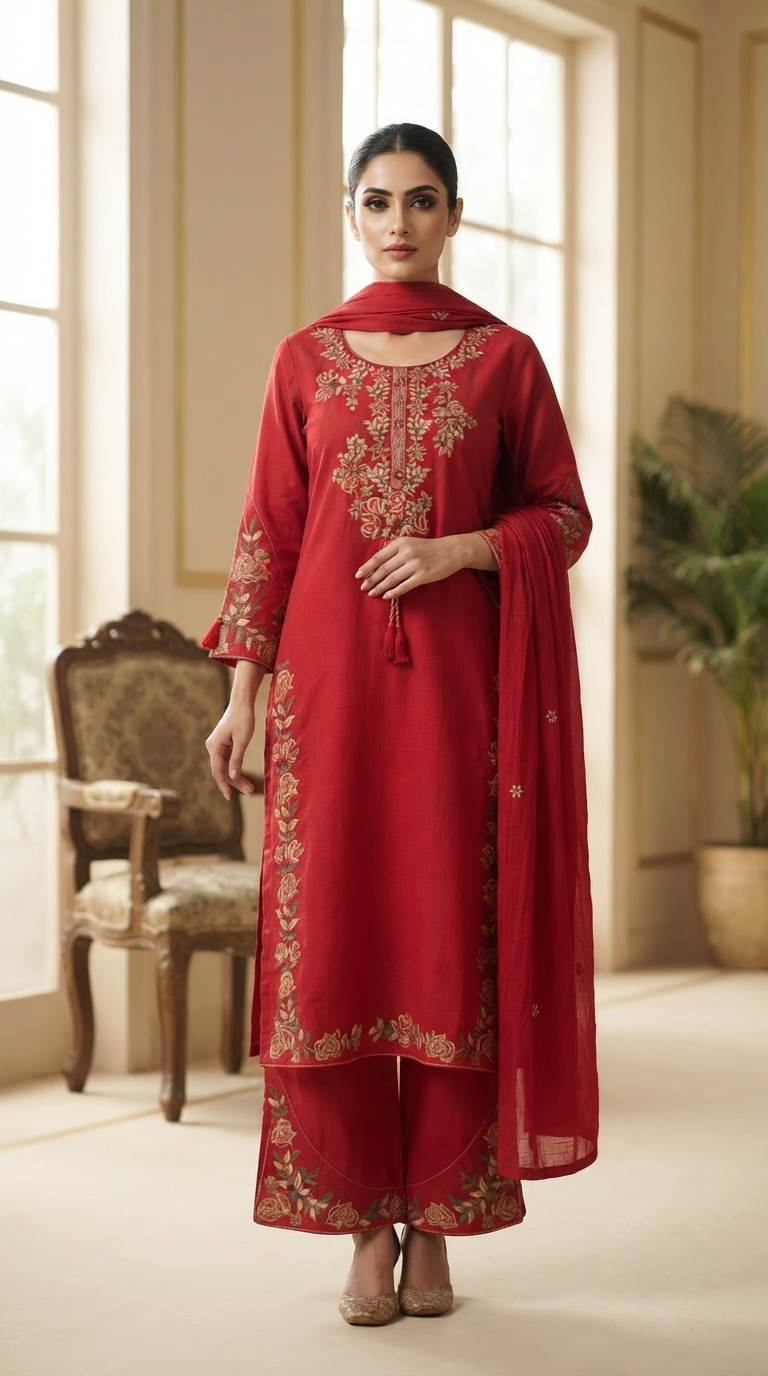Women Red Chikankari Cotton Kurta Pant Dupatta